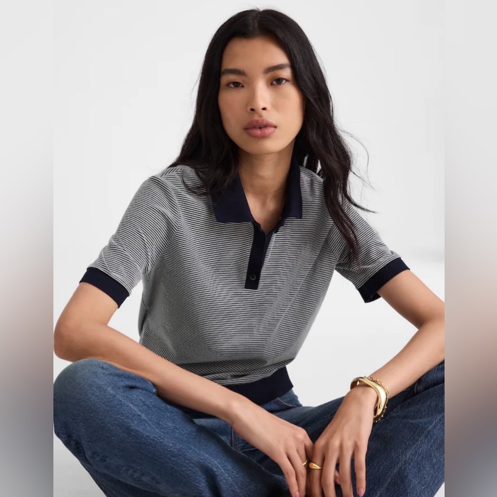 Madewell Navy and White Striped Polo Top